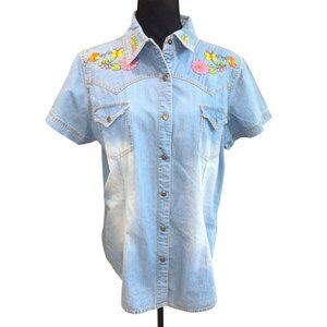 Back In The Saddle Coastal Cowgirl Floral Embroider Chambray Jean Western Shirt